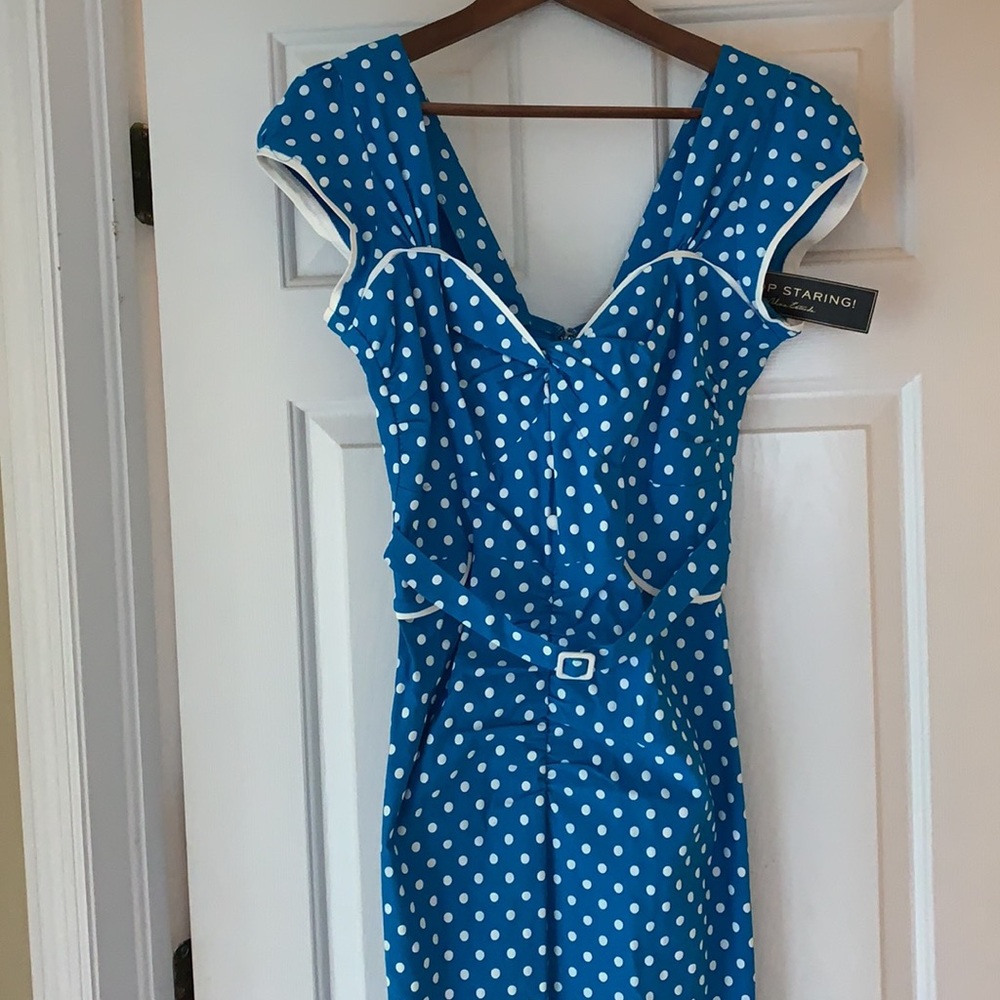 Stop Staring Alicia Edwards body hugging turquoise and white polkadot dress